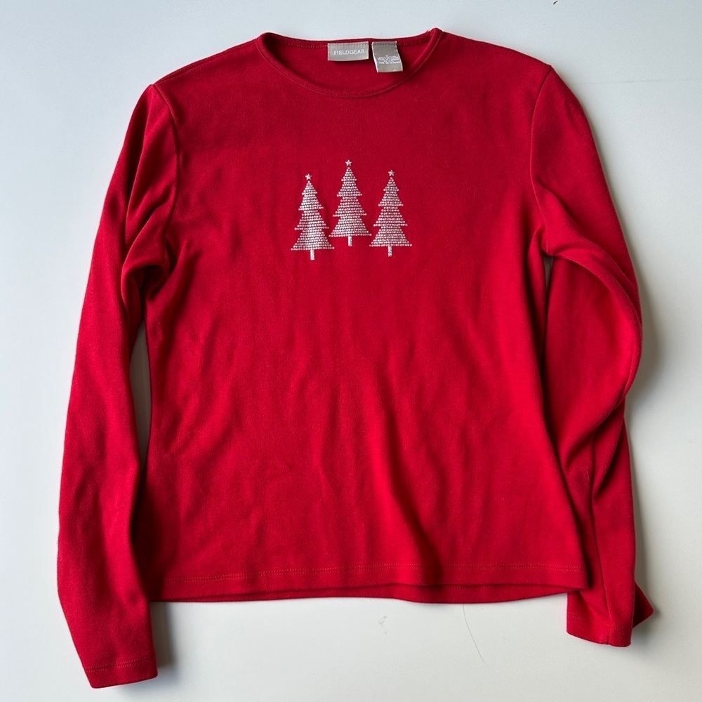 Fieldgear Bright Holiday Red Long Sleeve Christmas Tree T-Shirt Women’s Small